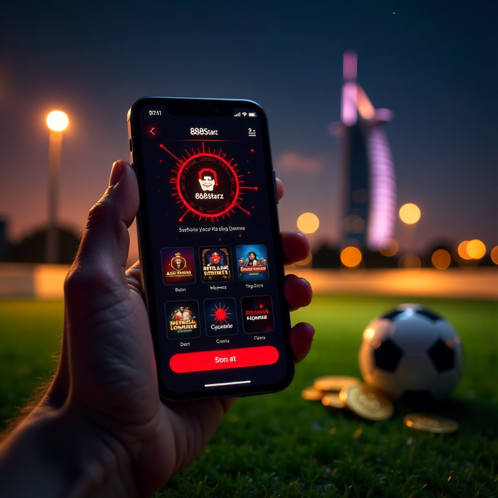 A hand holding a luxury smartphone displaying the official 888starz Uzbekistan app with a sleek red and black interface, background is the Tashkent City skyline and Hilton tower at night with vibrant golden bokeh lights, 3D golden coins and a soccer ball